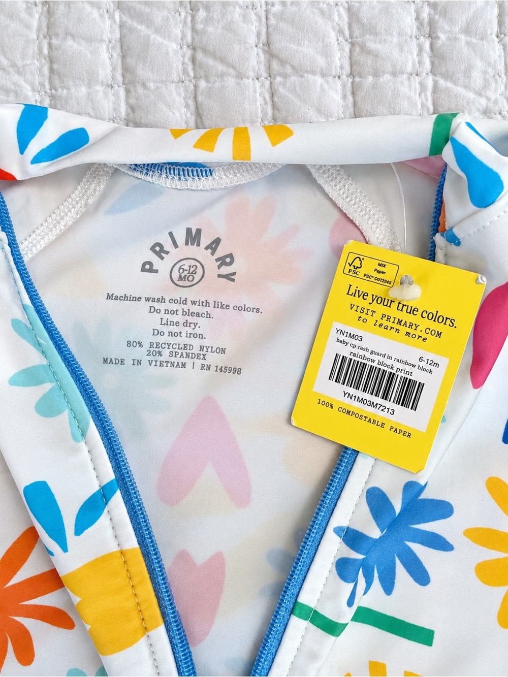 Primary Baby One Piece Rash Guard 6-12M Rainbow Block NWT UPF 50+ - Picture 2 of 2